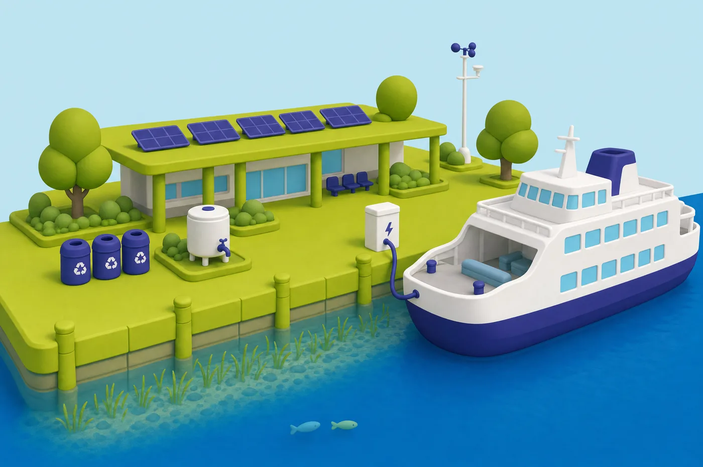 Quai d’un terminal à passagers : bacs de tri, borne électrique reliée au ferry, cuve d’eau, panneaux solaires, station météo, herbier et poissons.