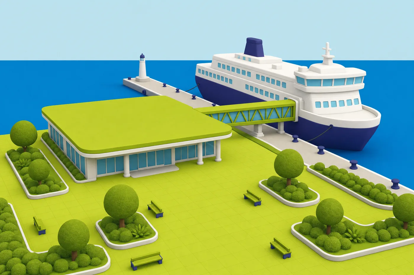 Esplanade d’un terminal à passagers : bâtiment bas au toit vert, passerelle couverte vers un ferry à quai, phare au bout de la jetée.