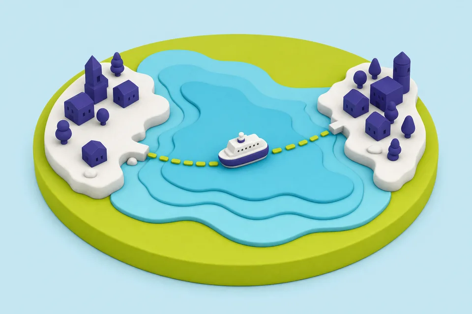 Un ferry relie deux villes portuaires par une ligne pointillée, sur un disque chartreuse, illustration 3D